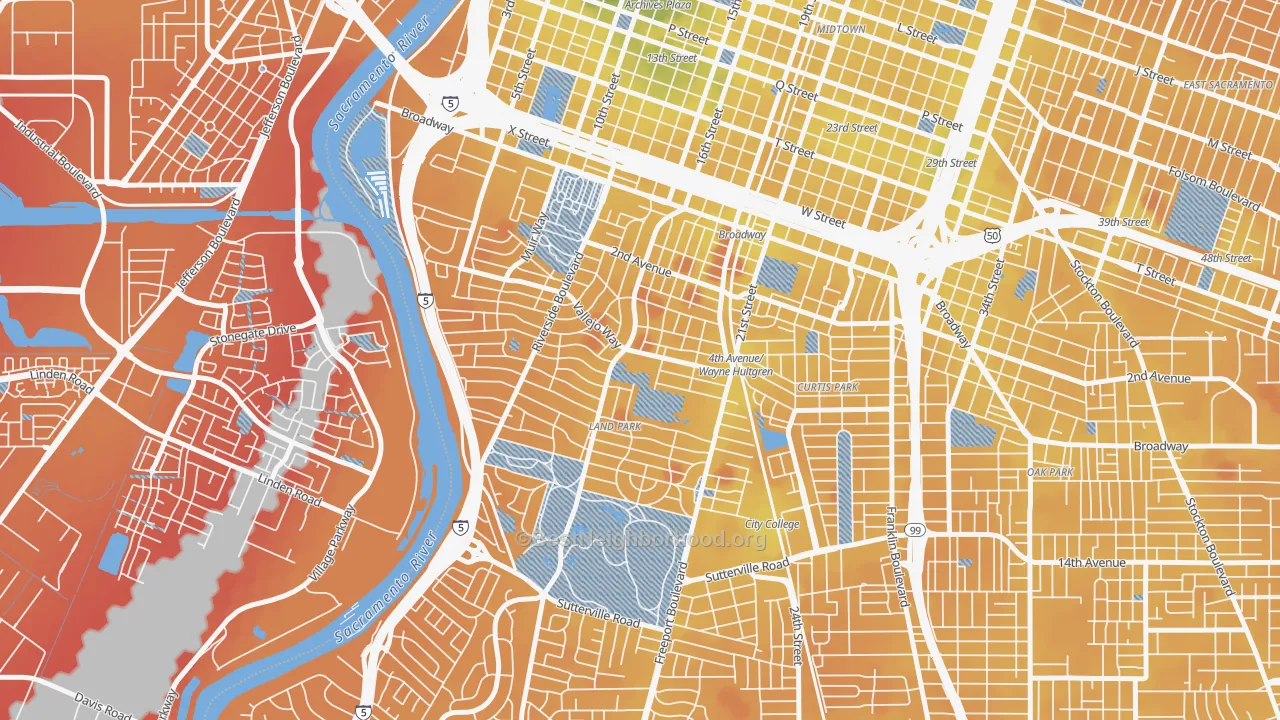 Transit Grade map of Land Park, Sacramento, CA