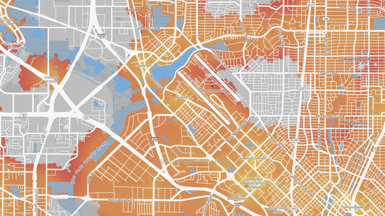 Transit Grade map of Love Field Area, Dallas, TX