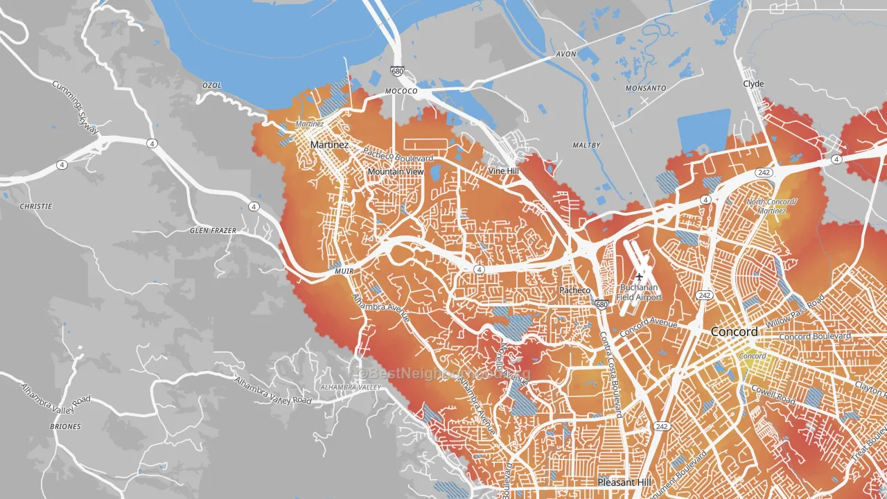 Transit Grade map of Martinez, CA