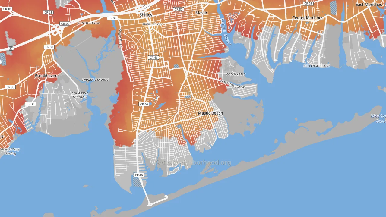 Transit Grade map of Mastic Beach, NY