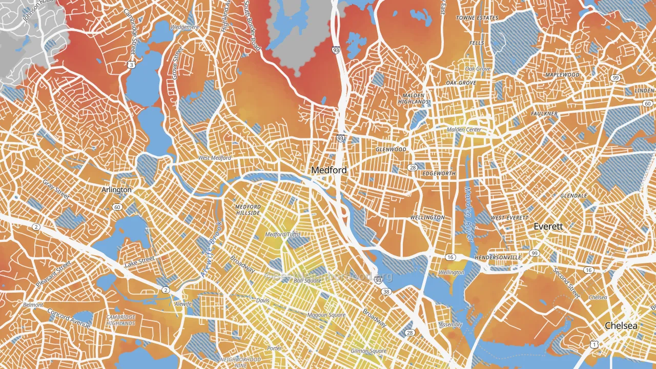Transit Grade map of Medford, MA
