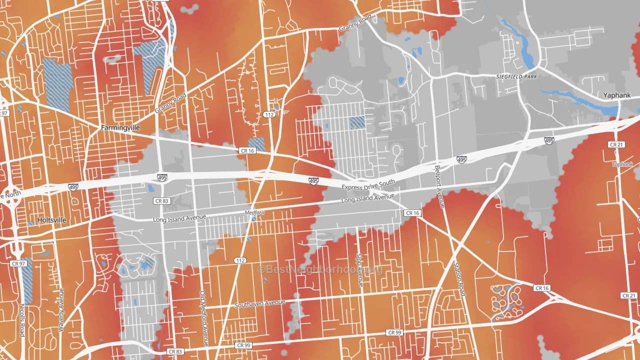 Transit Grade map of Medford, NY