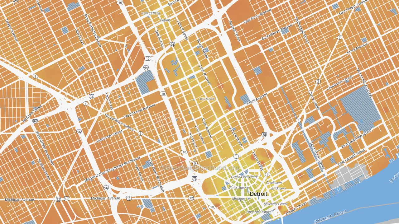 Transit Grade map of Midtown-Detroit, Detroit, MI