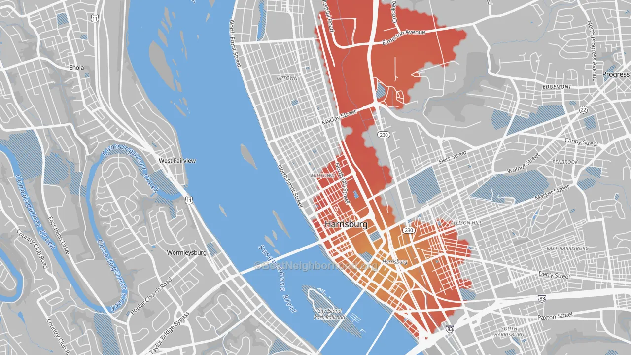 Transit Grade map of Midtown Harrisburg, Harrisburg, PA