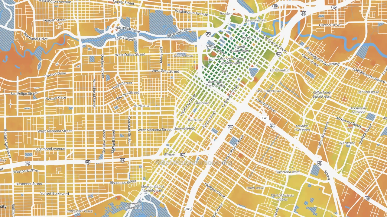 Transit Grade map of Midtown, Houston, TX