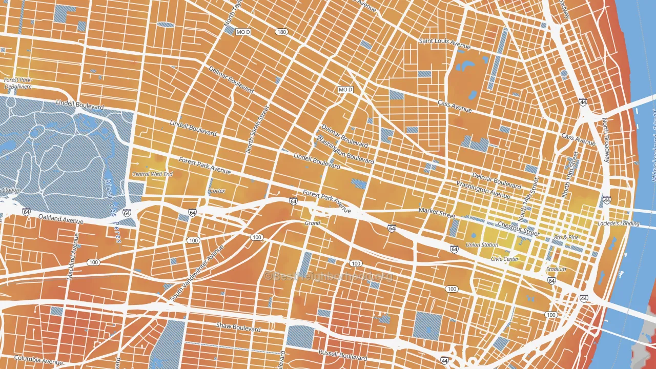 Transit Grade map of Midtown St. Louis, St. Louis, MO
