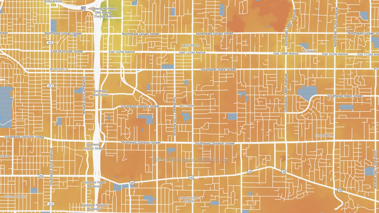 Transit Grade map of Mill Park, Portland, OR