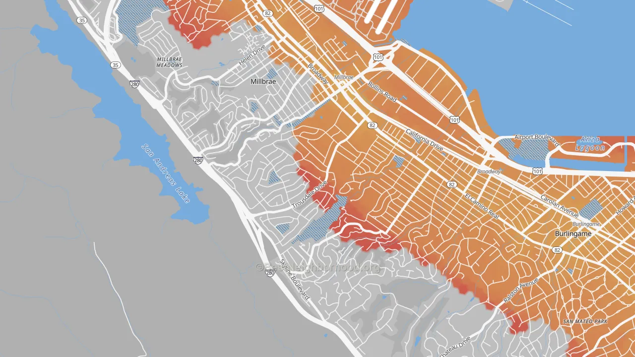 Transit Grade map of Mills Estates, Burlingame, CA