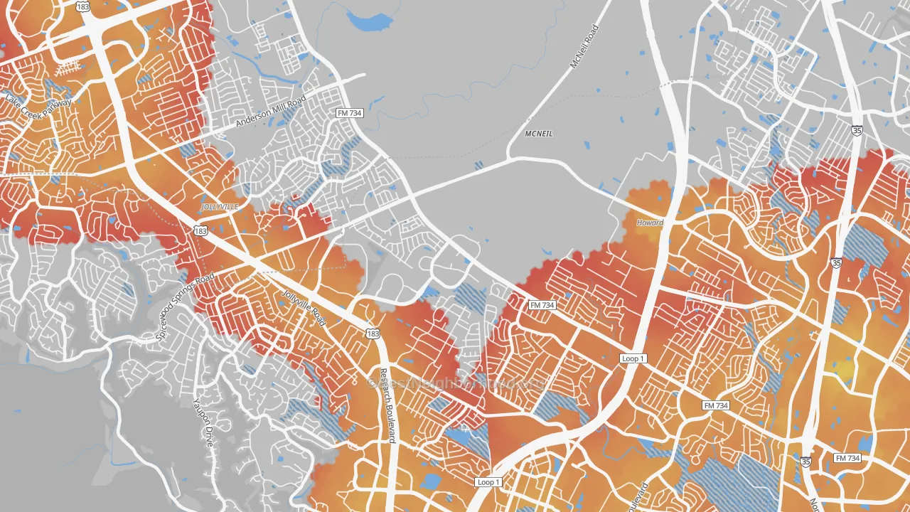 Transit Grade map of Milwood, Austin, TX