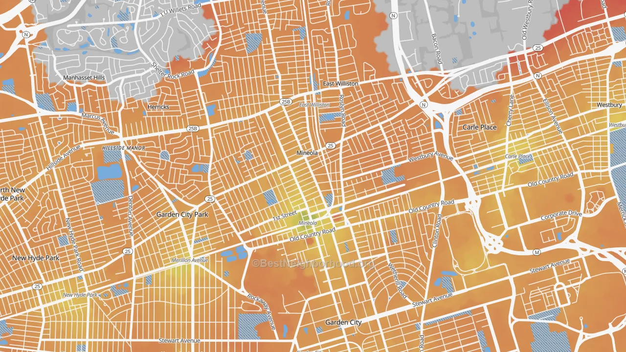 Transit Grade map of Mineola, NY