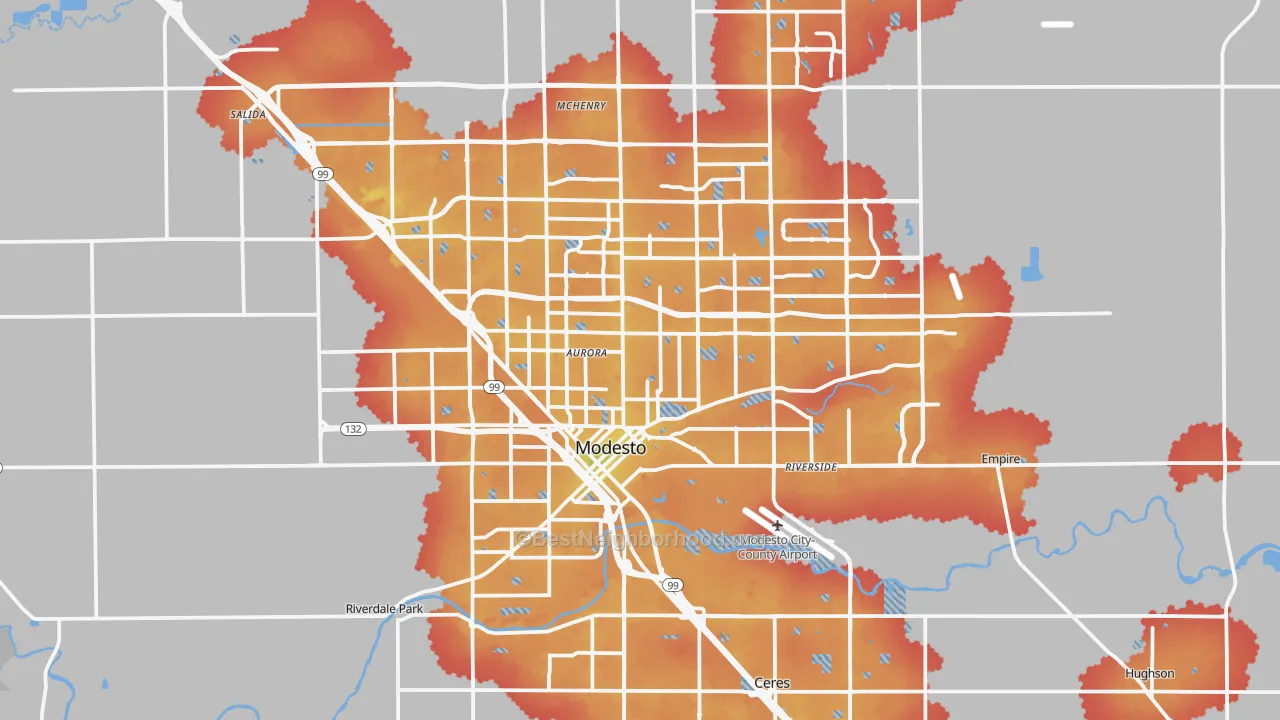 Transit Grade map of Modesto, CA