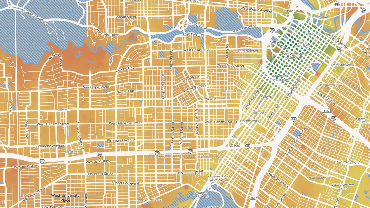 Transit Grade map of Montrose, Houston, TX