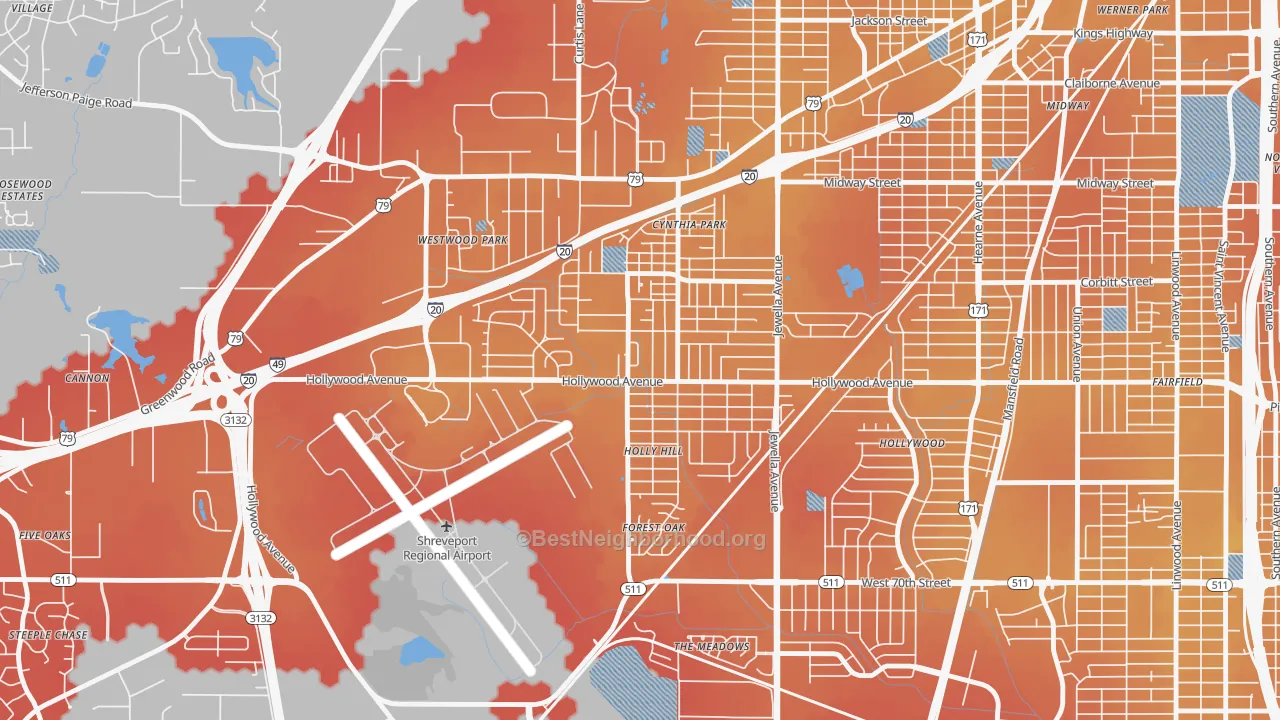 Transit Grade map of Mooretown and Hollywood Heights, Shreveport, LA