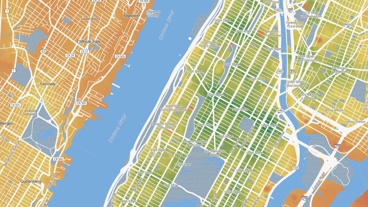 Transit Grade map of Morningside Heights, Manhattan, NY