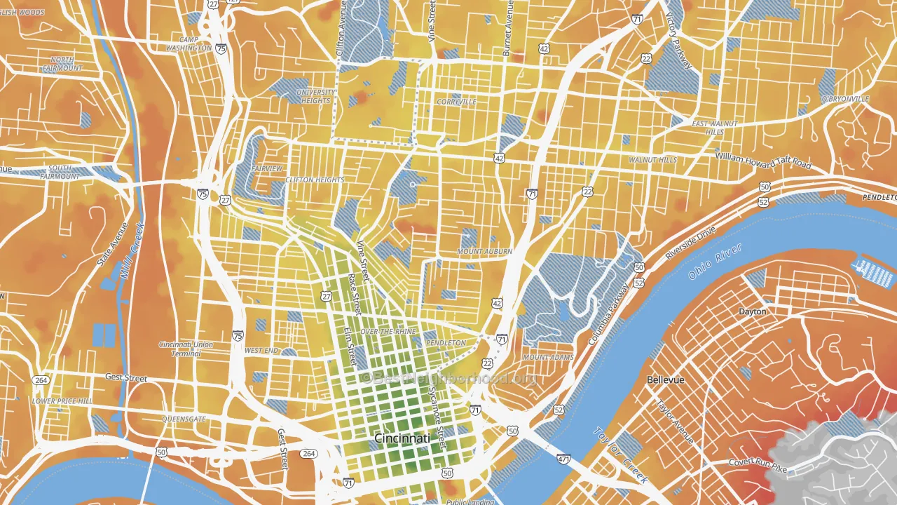 Transit Grade map of Mount Auburn, Cincinnati, OH