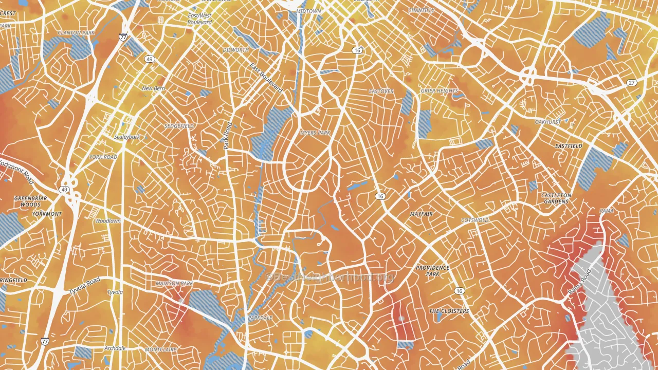 Transit Grade map of Myers Park, Charlotte, NC