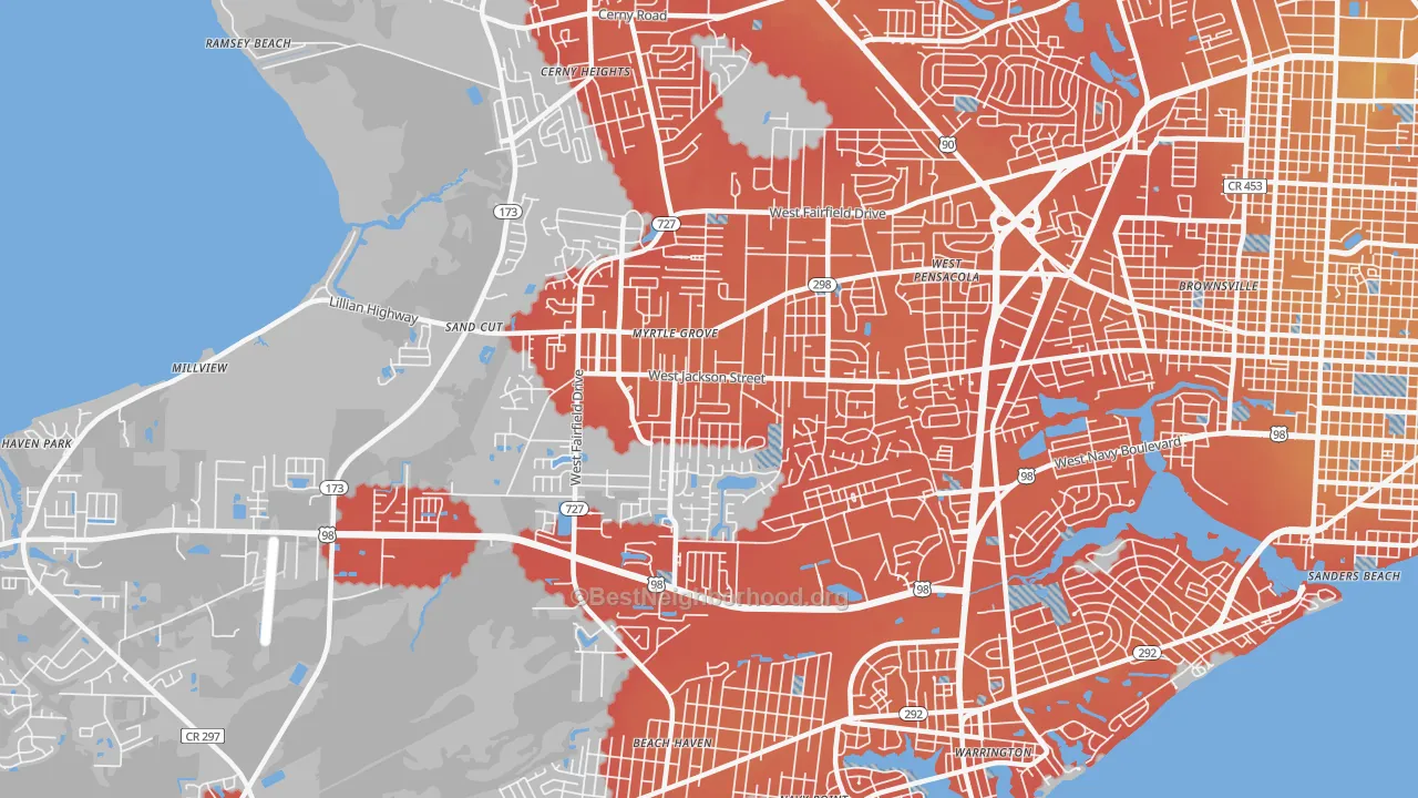 Transit Grade map of Myrtle Grove, FL