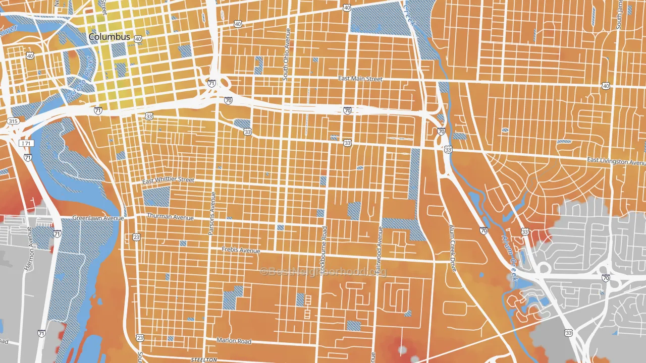 Transit Grade map of Near Southside, Columbus, OH