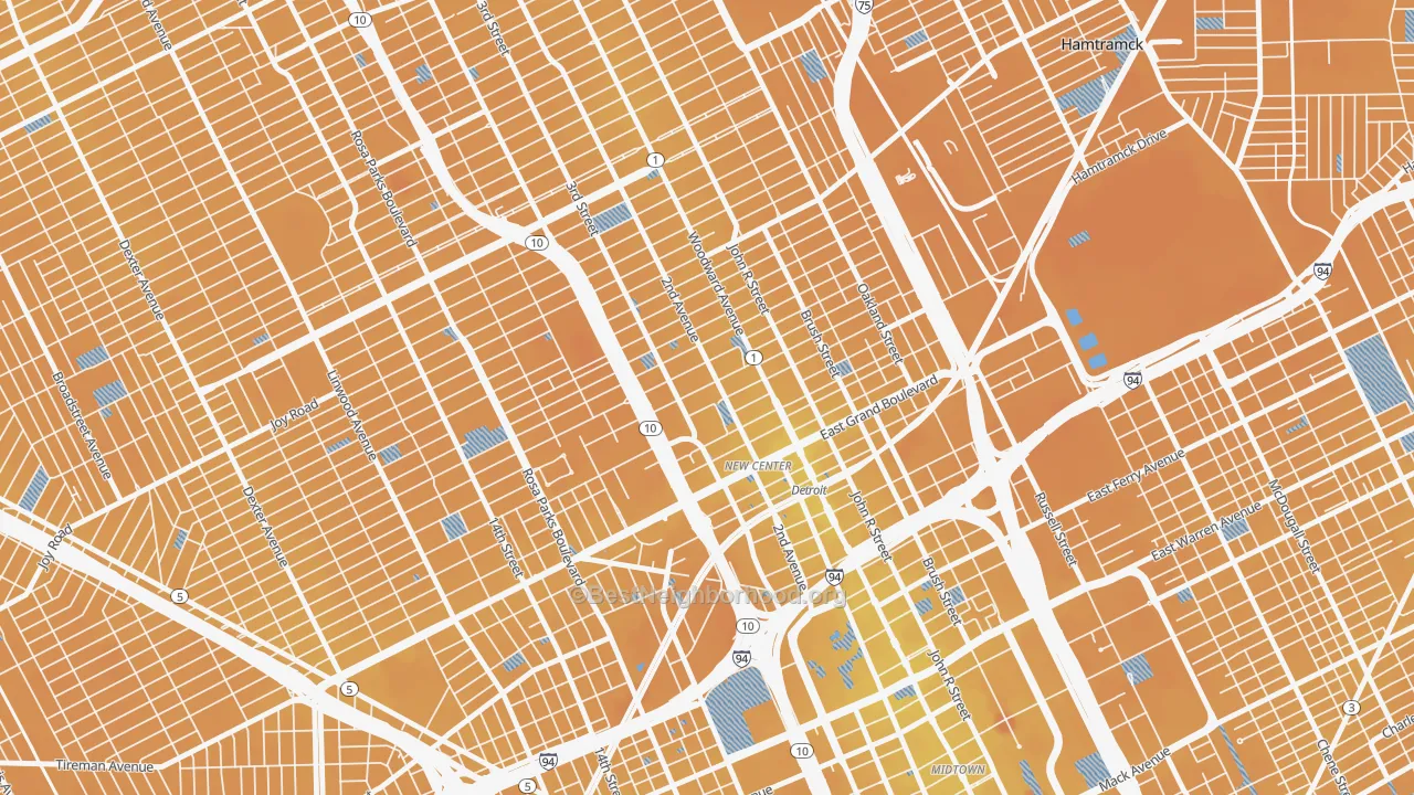 Transit Grade map of New Center, Detroit, MI