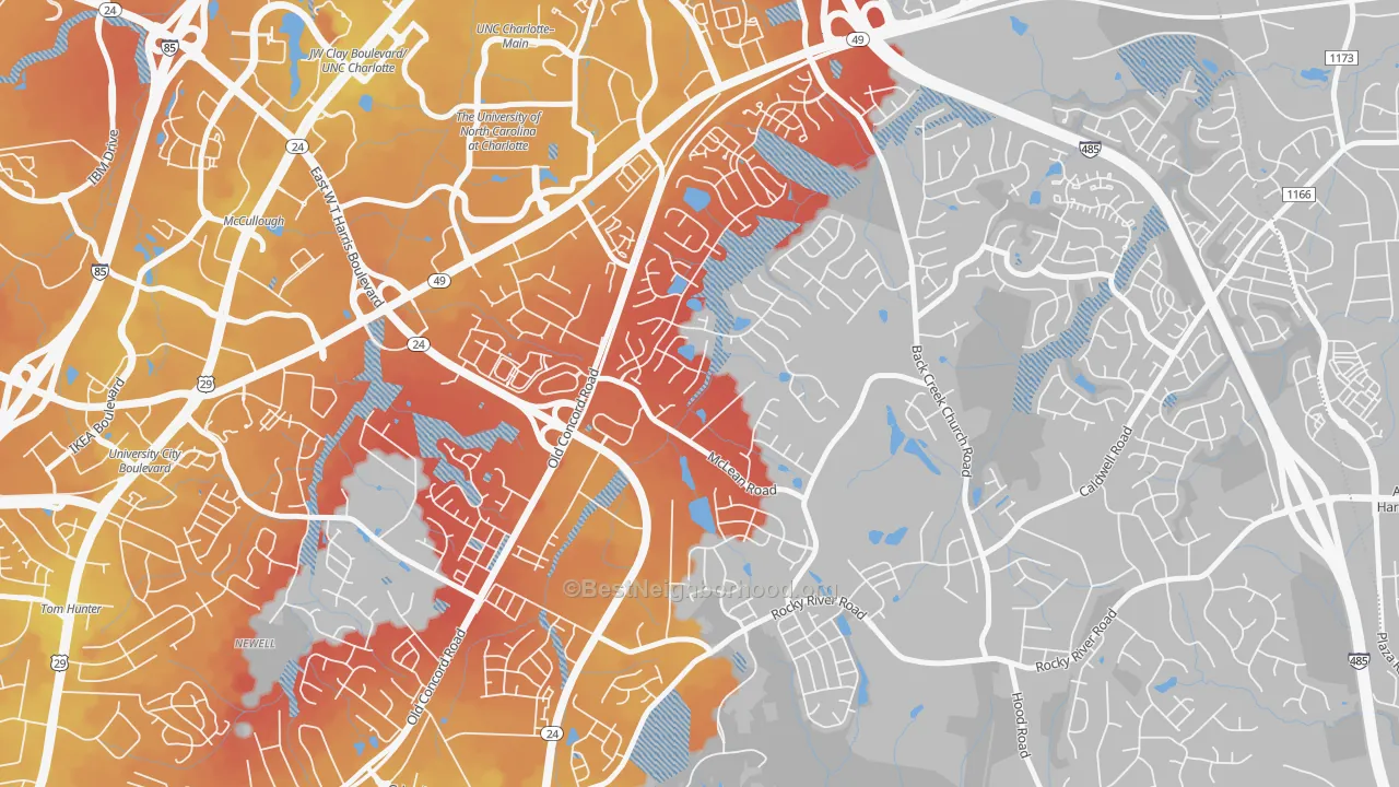 Transit Grade map of Newell, Charlotte, NC