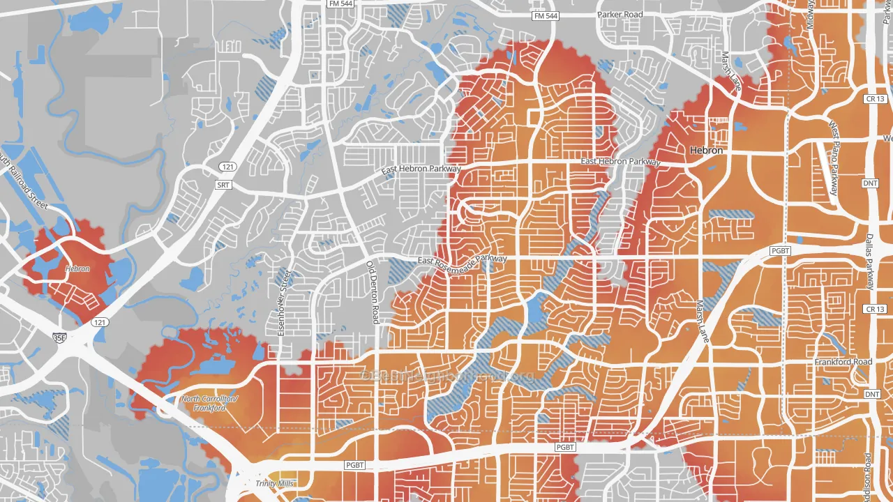 Transit Grade map of North Central Dallas, Carrollton, TX