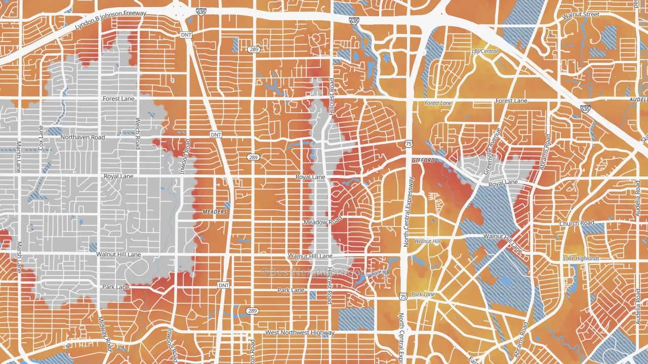 Transit Grade map of North Dallas, Dallas, TX