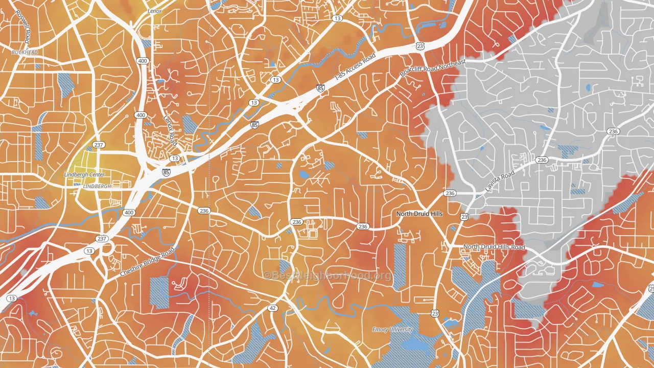 Transit Grade map of North Druid Hills, GA