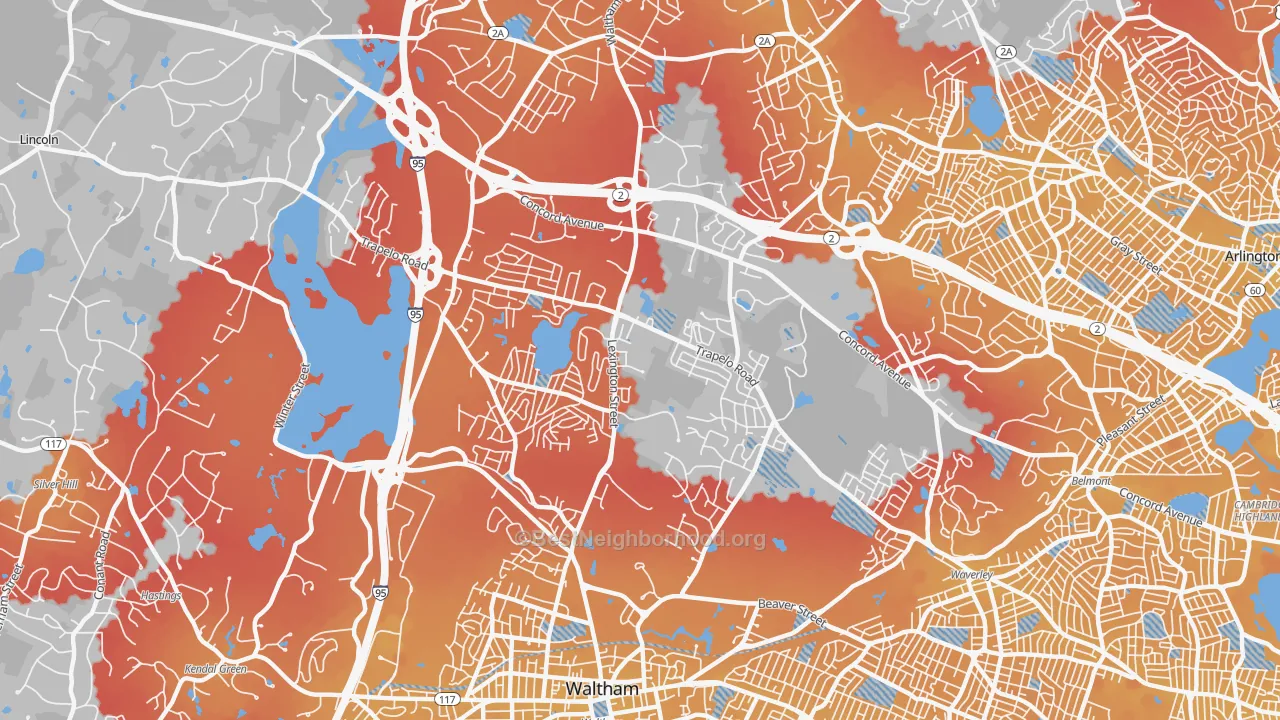 Transit Grade map of North Waltham, Waltham, MA