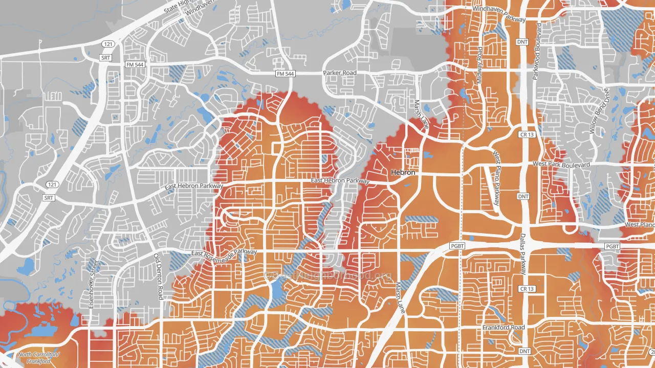 Transit Grade map of Northeast Dallas, Carrollton, TX