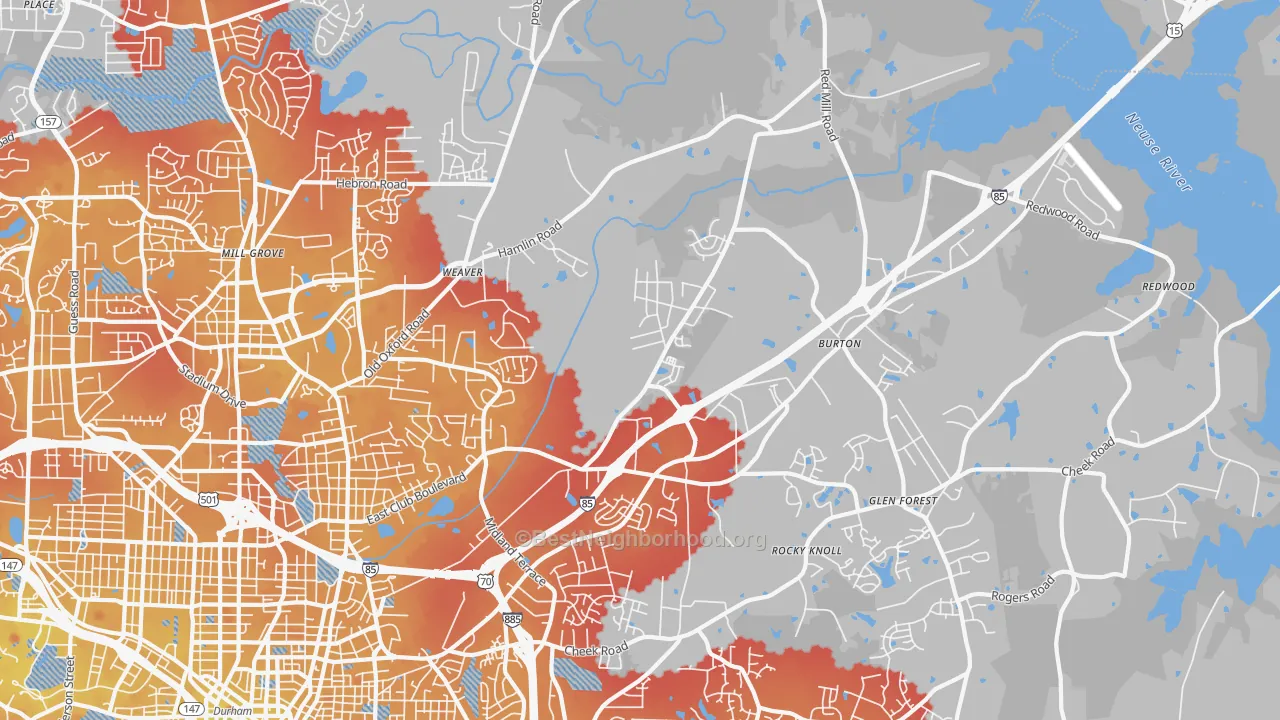 Transit Grade map of Northeast Durham, Durham, NC