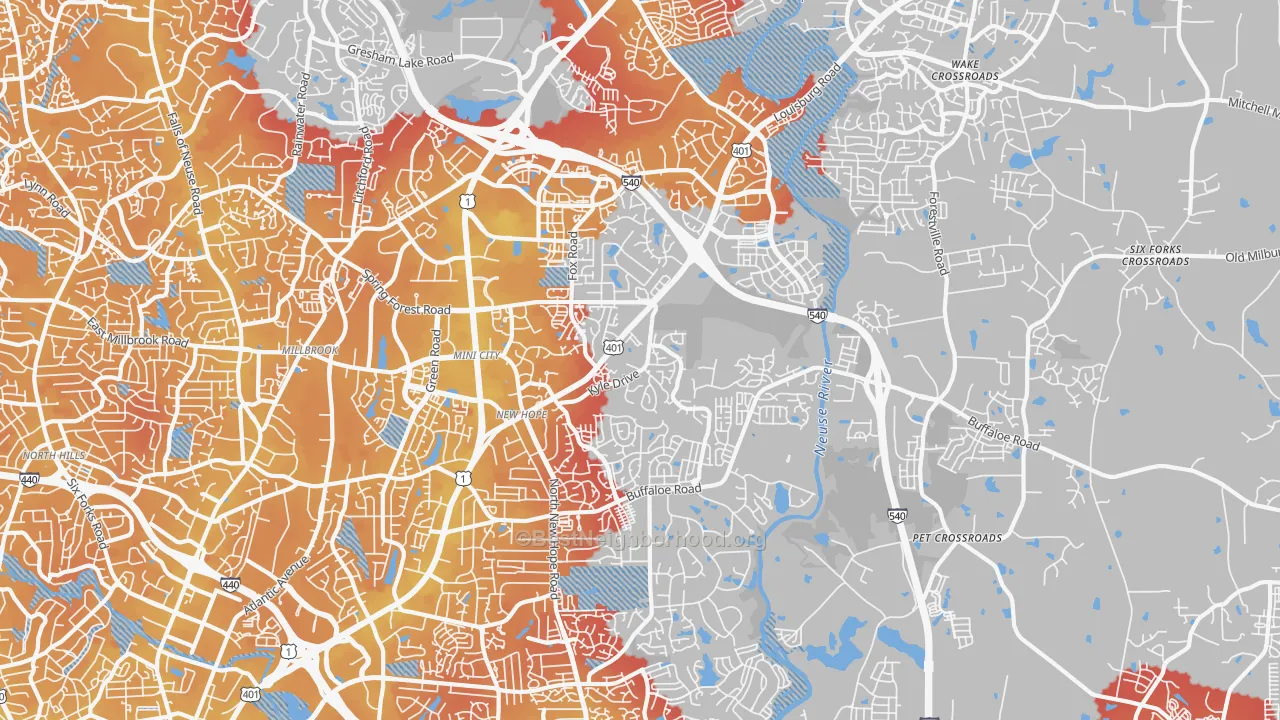 Transit Grade map of Northeast Raleigh, Raleigh, NC