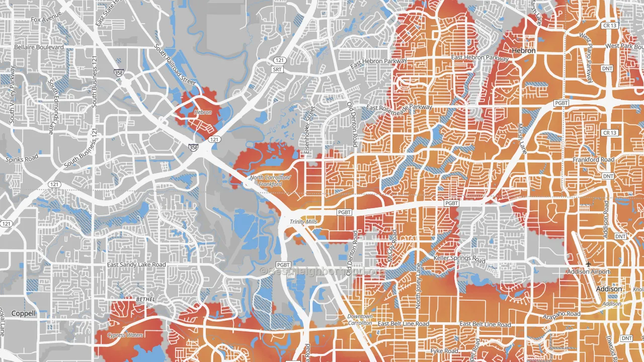 Transit Grade map of Northwest Dallas, Dallas, TX