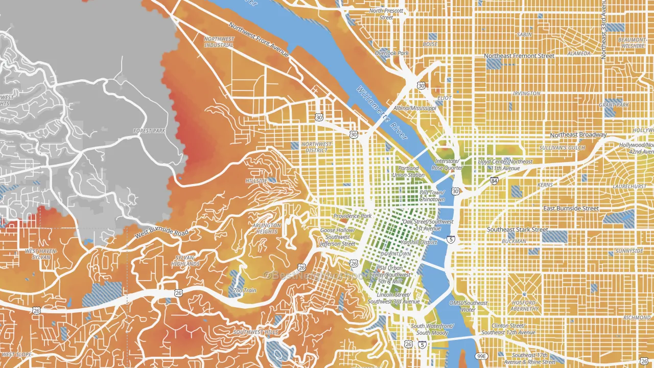 Transit Grade map of Northwest, Portland, OR