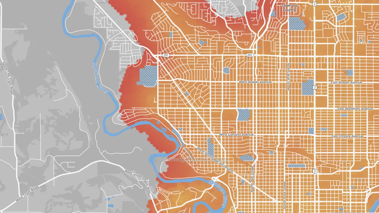 Transit Grade map of Northwest Spokane, Spokane, WA