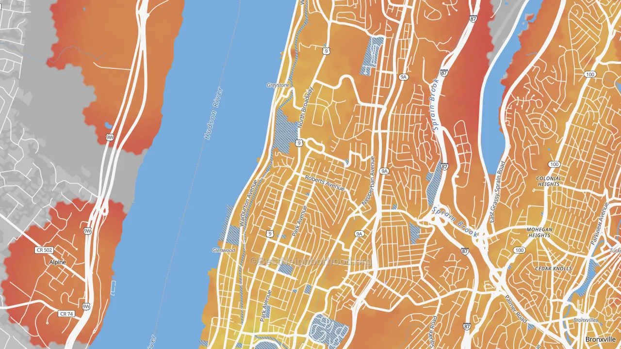 Transit Grade map of Northwest Yonkers, Yonkers, NY
