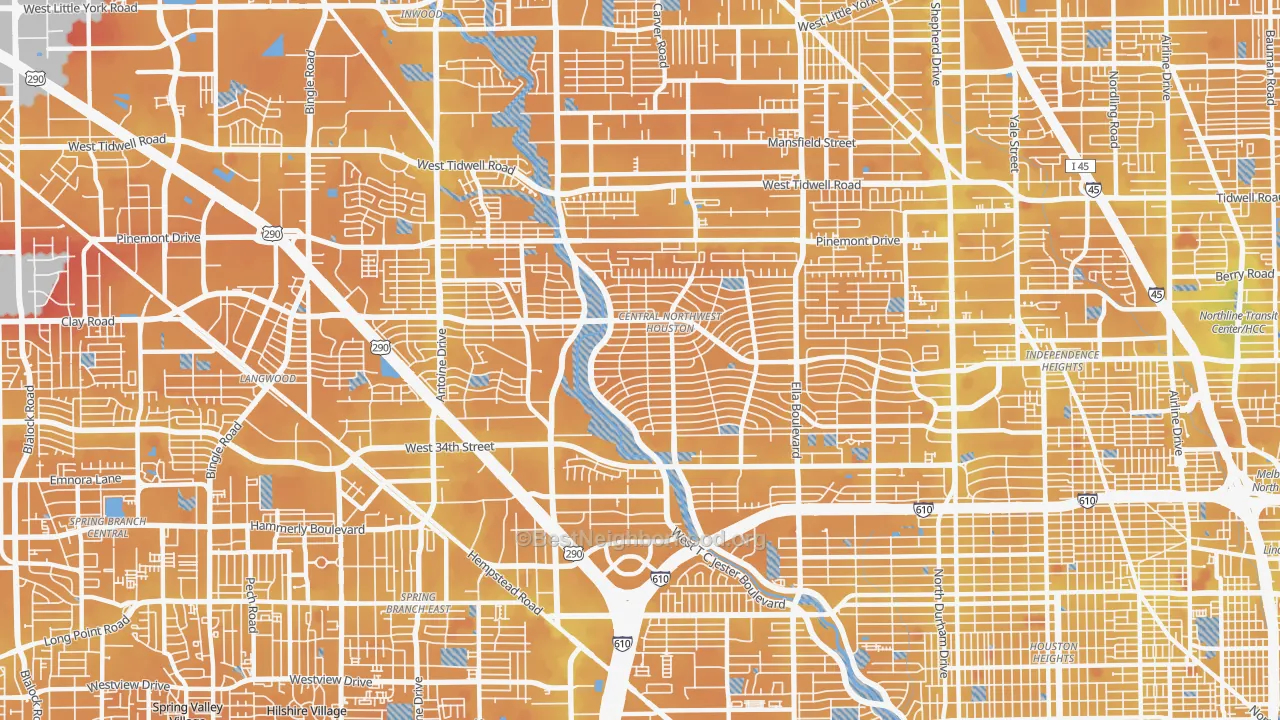 Transit Grade map of Oak Forest-Garden Oaks, Houston, TX
