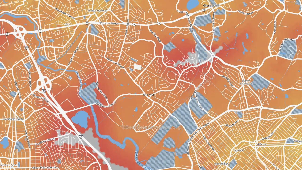 Transit Grade map of Oak Hill, Newton Center, MA