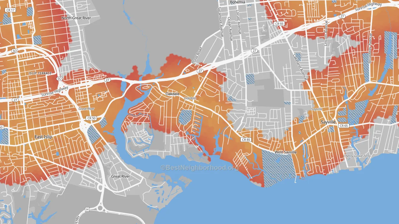 Transit Grade map of Oakdale, NY