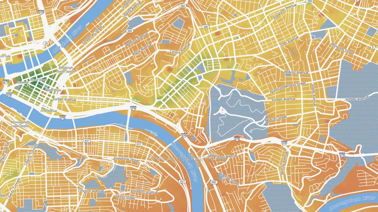Transit Grade map of Oakland, Pittsburgh, PA