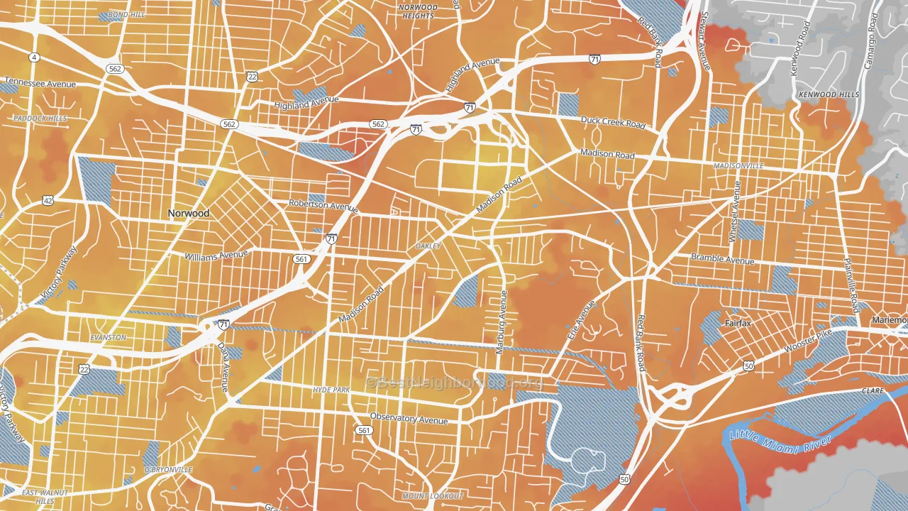 Transit Grade map of Oakley, Cincinnati, OH