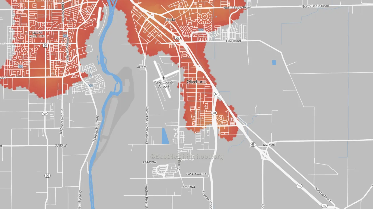 Transit Grade map of Olivehurst, CA