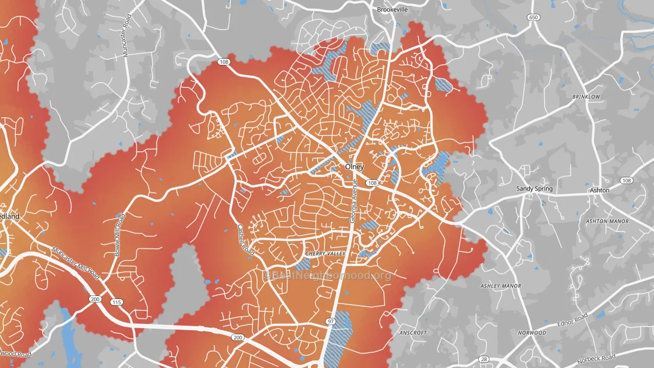 Transit Grade map of Olney, MD