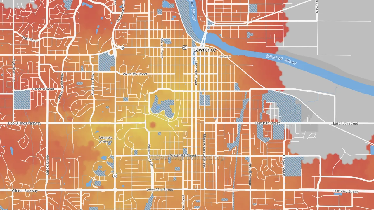 Transit Grade map of Oread, Lawrence, KS
