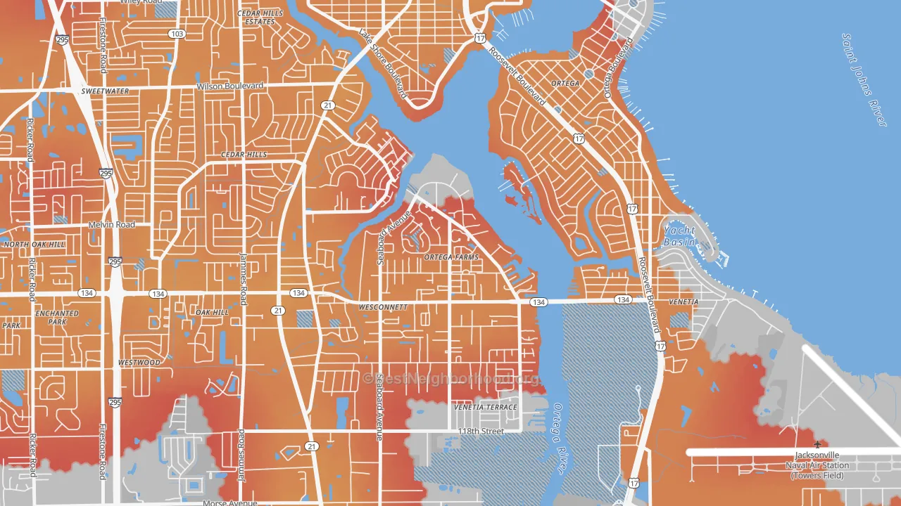 Transit Grade map of Ortega Farms, Jacksonville, FL