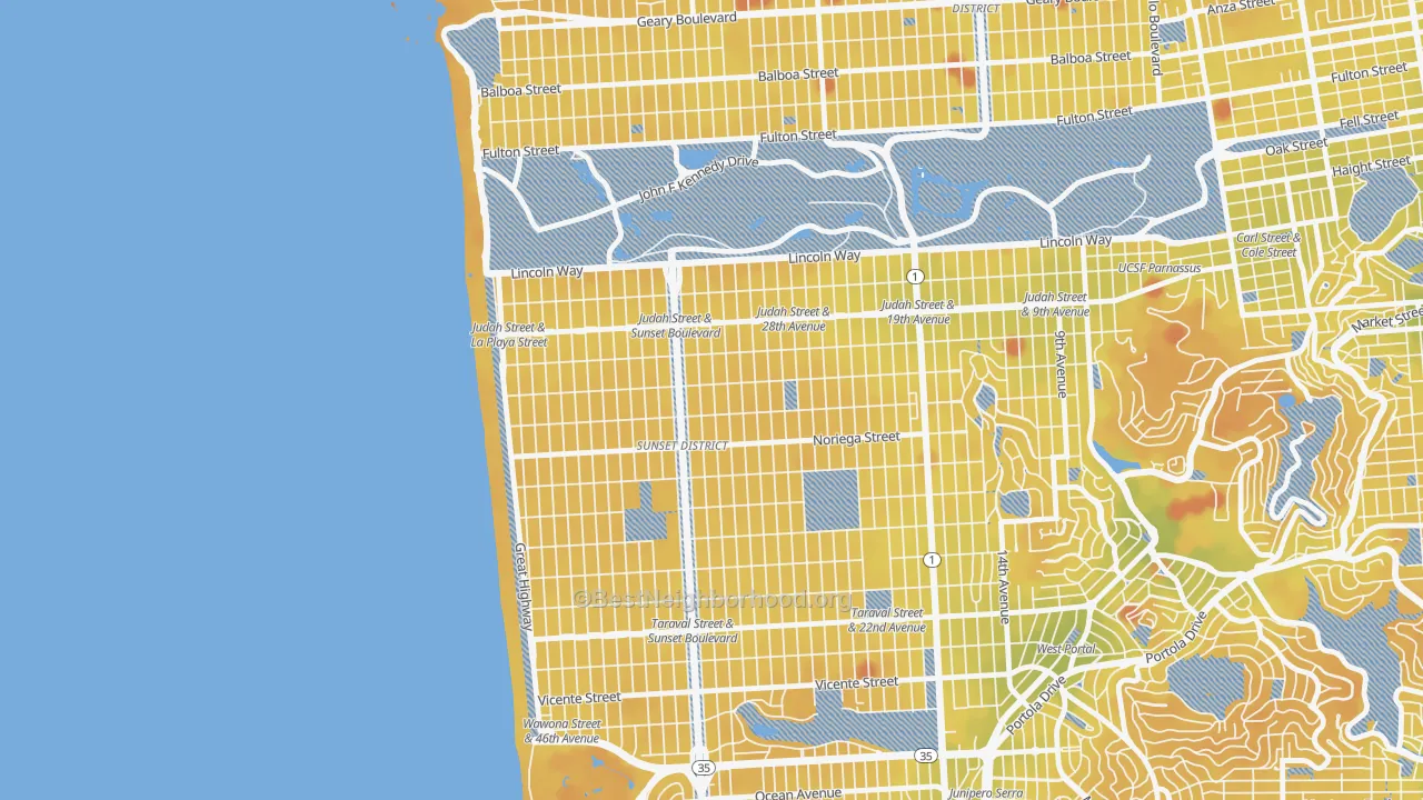 Transit Grade map of Outer Sunset, San Francisco, CA