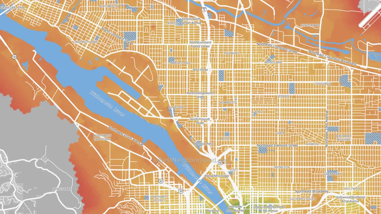 Transit Grade map of Overlook, Portland, OR