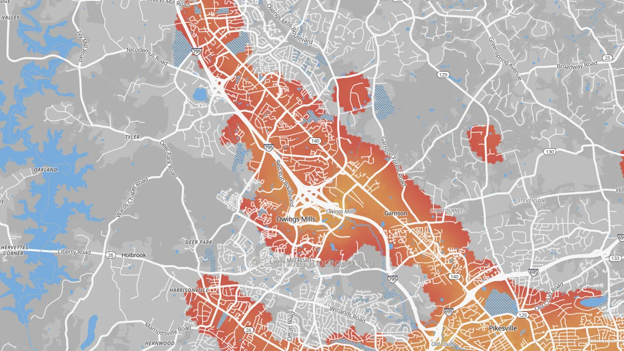 Transit Grade map of Owings Mills, MD