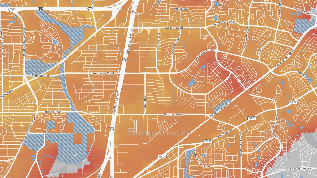 Transit Grade map of Park Village, San Antonio, TX