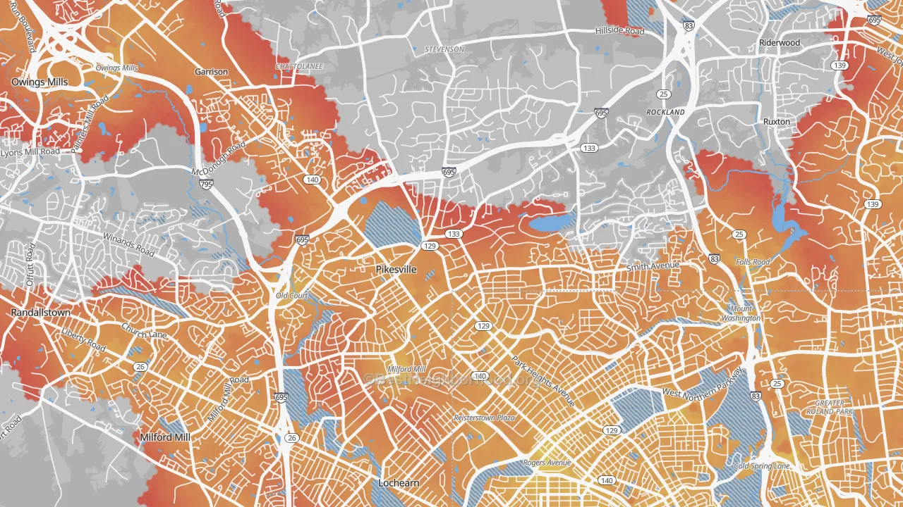 Transit Grade map of Pikesville, MD