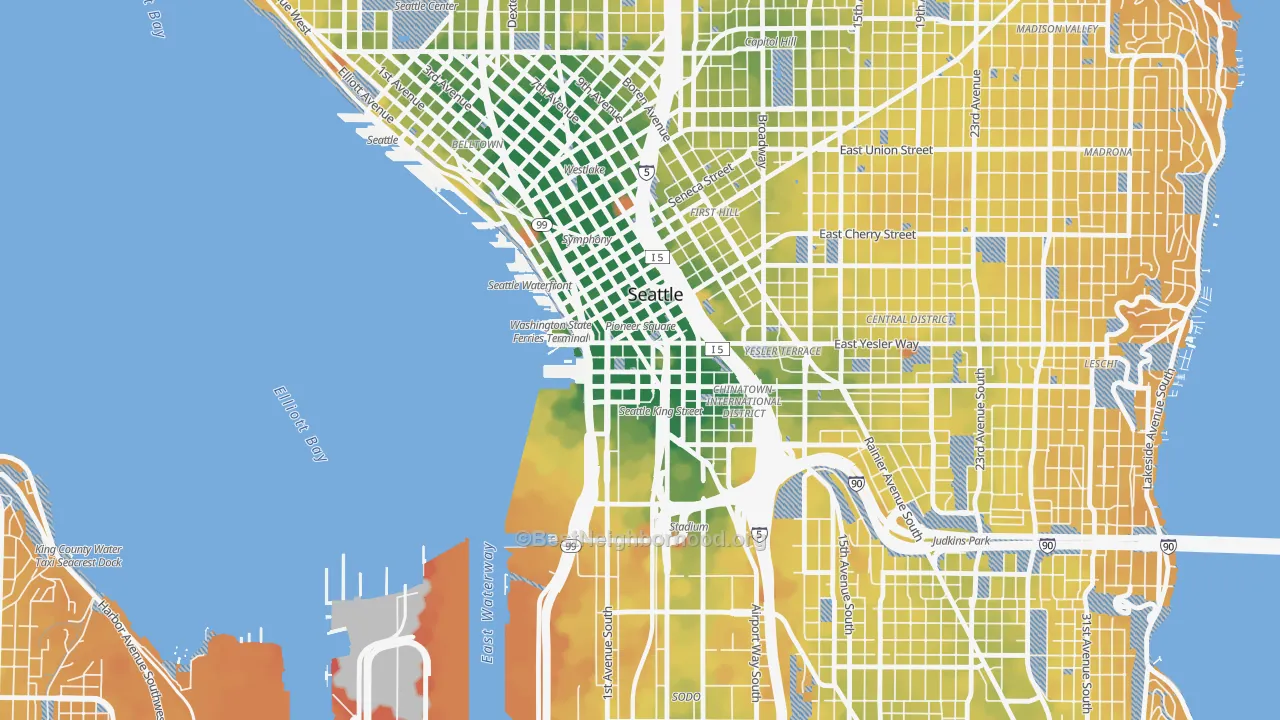 Transit Grade map of Pioneer Square, Seattle, WA